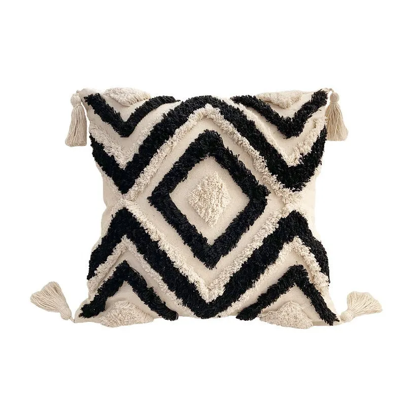 (45x45cm) Cotton cushion cover Boho Home decorative cushion cover with tassels - Beige / Black