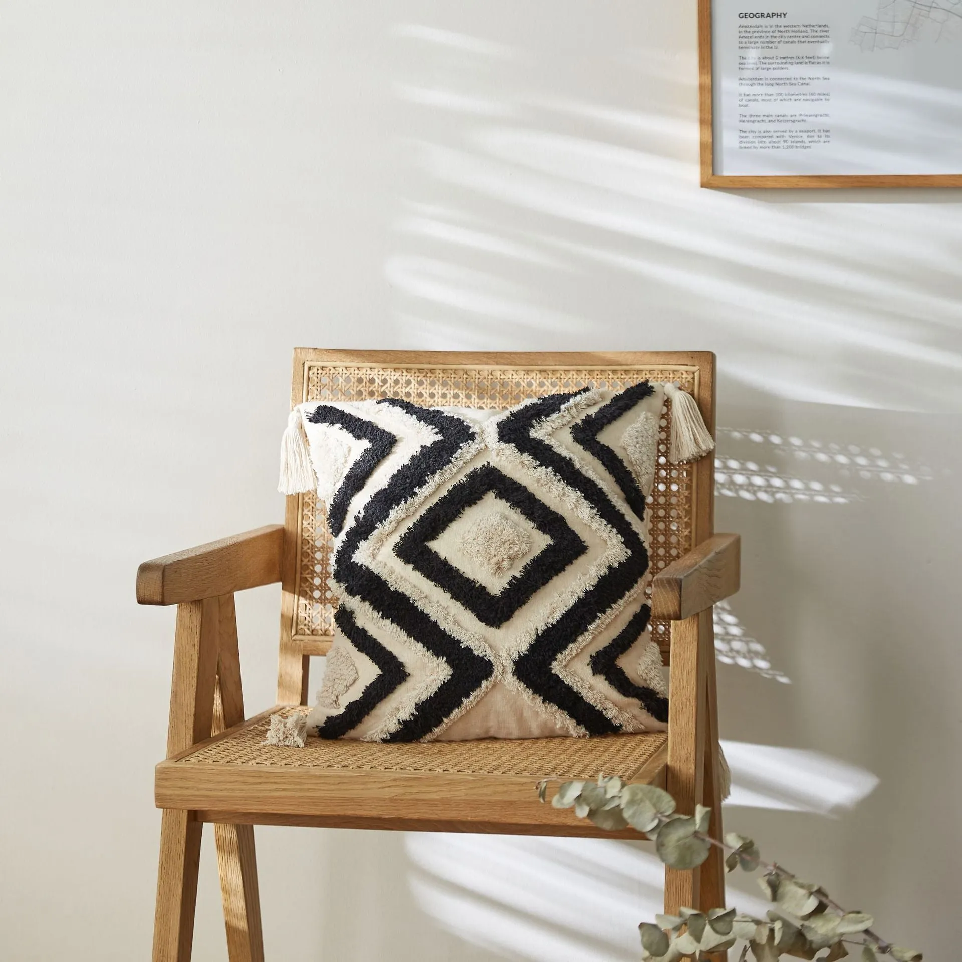 (45x45cm) Cotton cushion cover Boho Home decorative cushion cover with tassels - Beige / Black