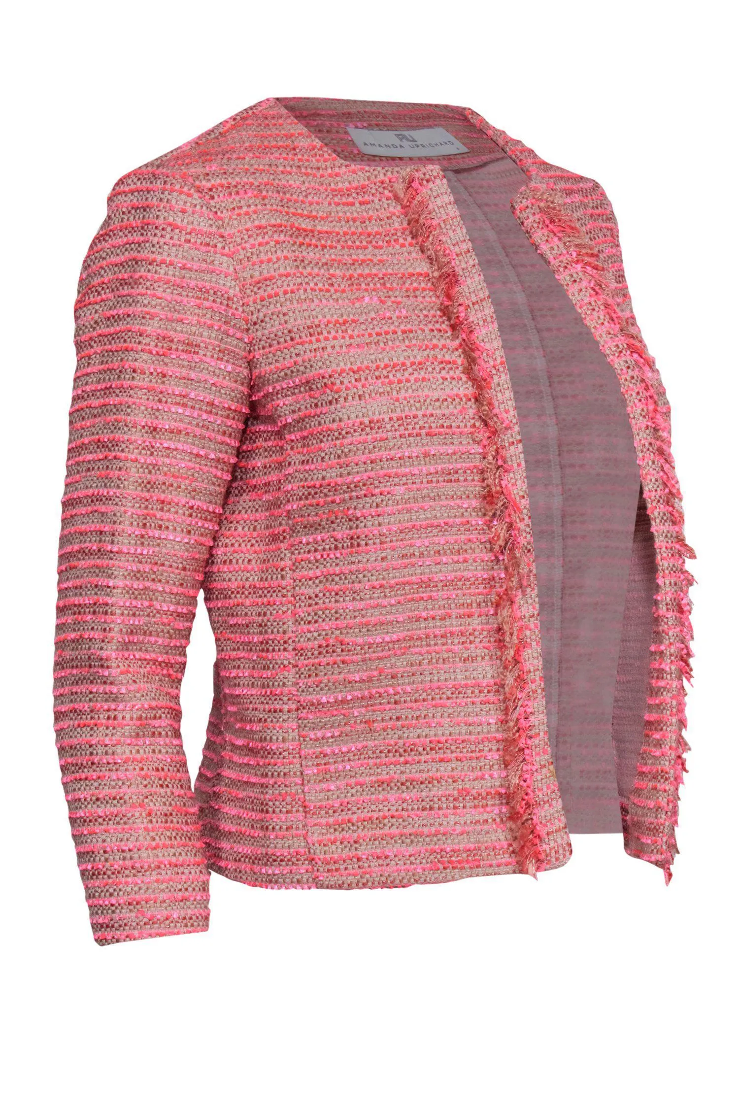 Amanda Uprichard - Hot Pink Open Front Tweed Fringe Jacket Sz P