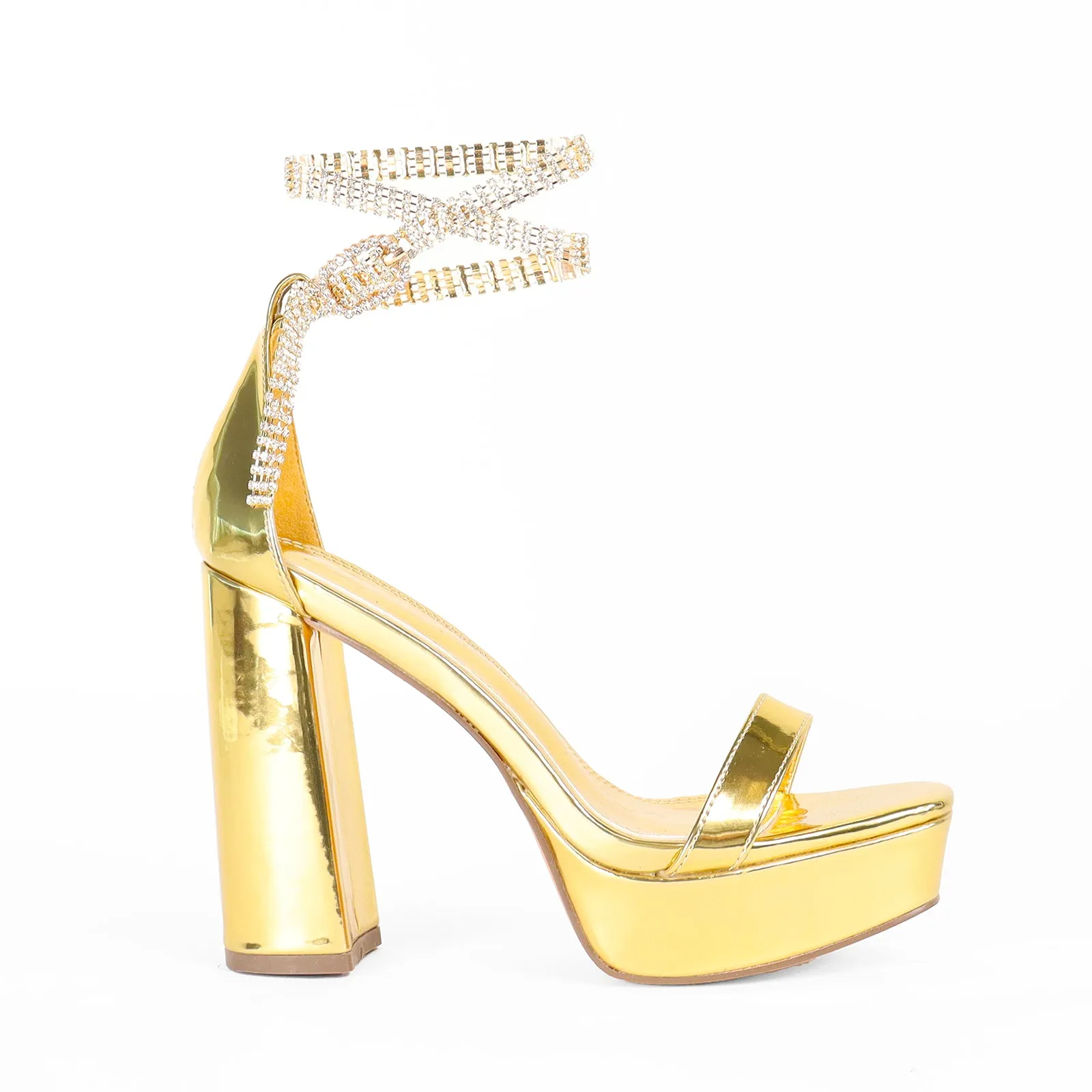 ARDENE-1 BASIC PLATFORM CHUNKY HEEL WITH ANKLE RHINESTONE-GOLD