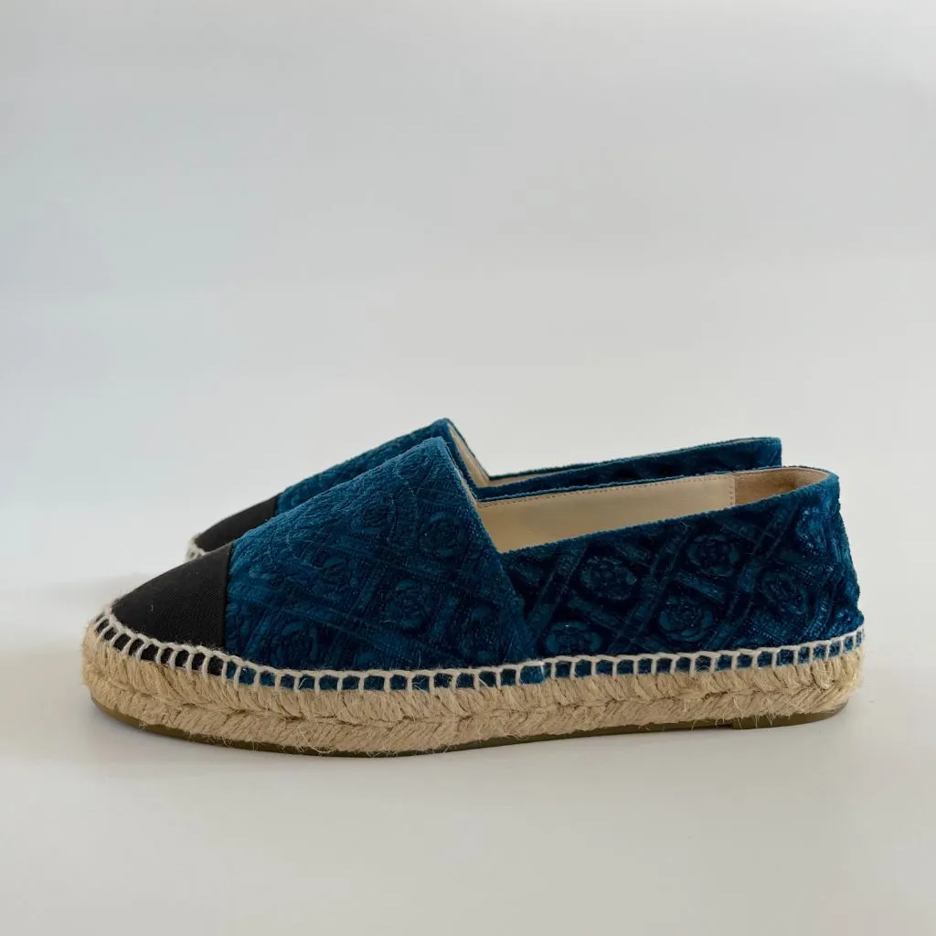 Chanel Blue Velvet Camelia Print Espadrilles, 38