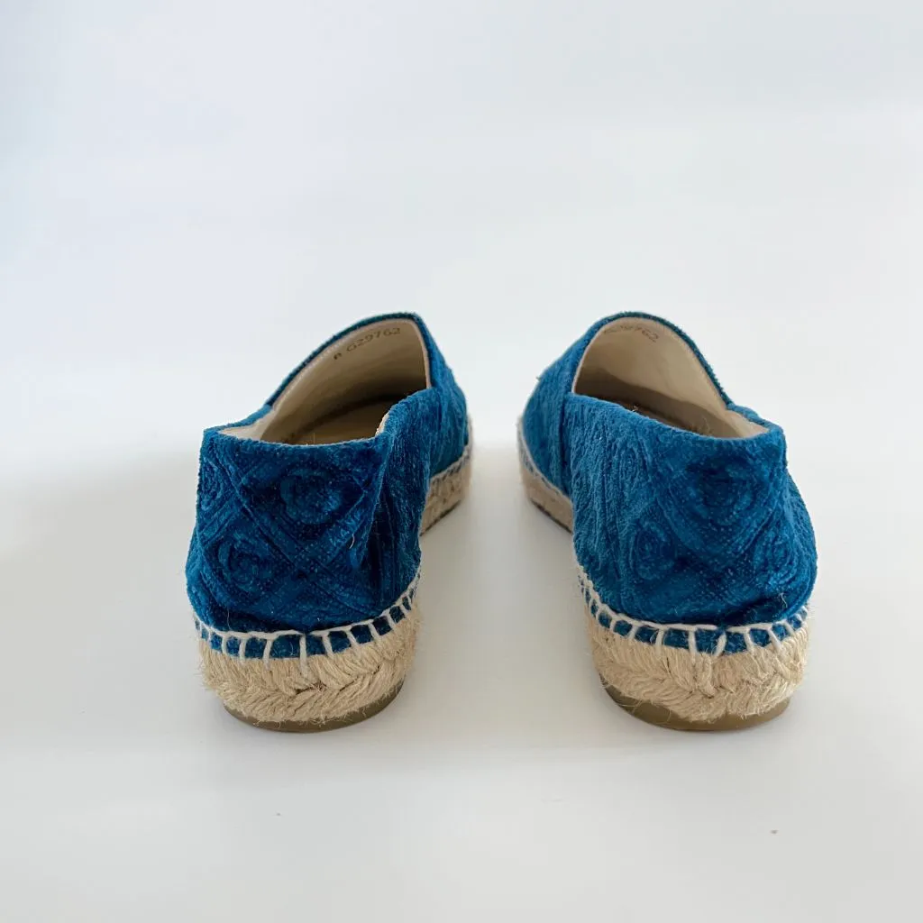 Chanel Blue Velvet Camelia Print Espadrilles, 38