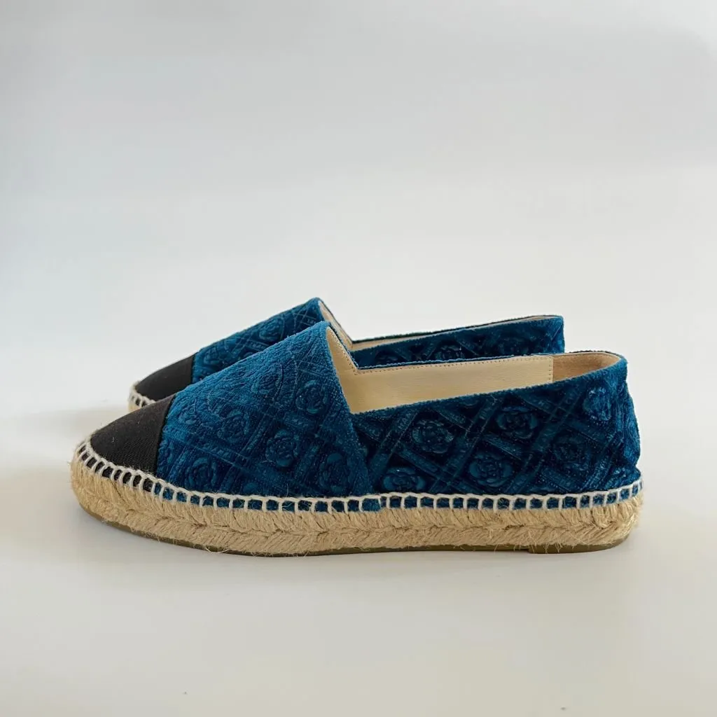 Chanel Blue Velvet Camelia Print Espadrilles, 38