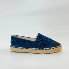 Chanel Blue Velvet Camelia Print Espadrilles, 38