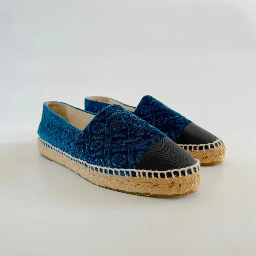 Chanel Blue Velvet Camelia Print Espadrilles, 38