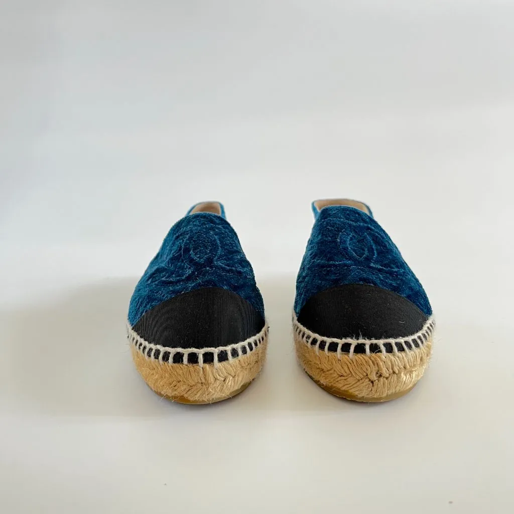 Chanel Blue Velvet Camelia Print Espadrilles, 38