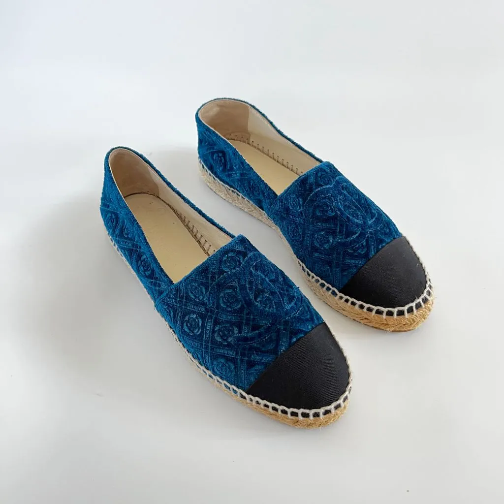 Chanel Blue Velvet Camelia Print Espadrilles, 38