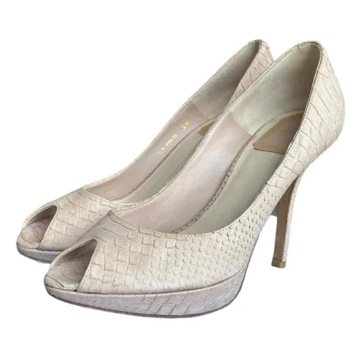 CHRISTIAN DIOR Poudre Python Leather Peep Toe Platform Pumps, Size 38