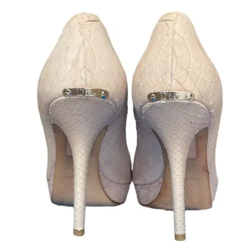 CHRISTIAN DIOR Poudre Python Leather Peep Toe Platform Pumps, Size 38