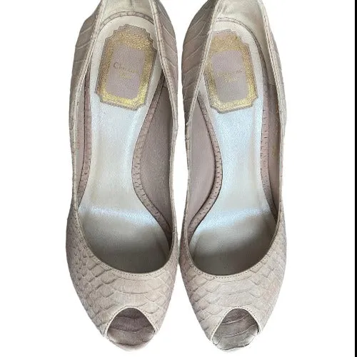 CHRISTIAN DIOR Poudre Python Leather Peep Toe Platform Pumps, Size 38