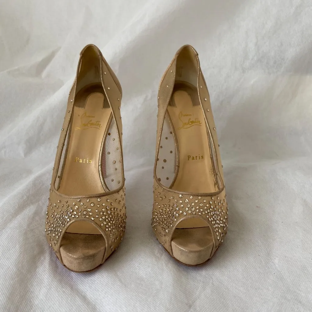 Christian Louboutin Beige Suede and PVC Very Strass Platform Peep Toe Pumps, 41