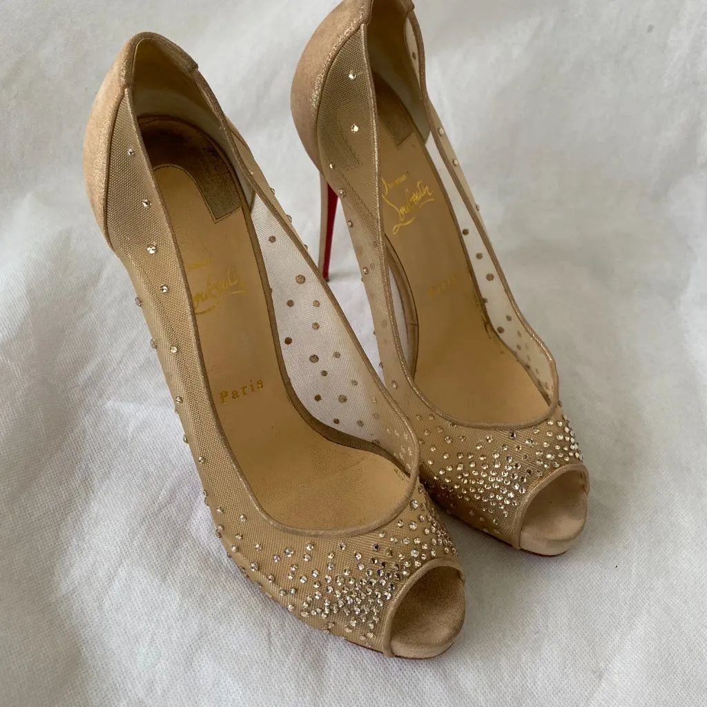 Christian Louboutin Beige Suede and PVC Very Strass Platform Peep Toe Pumps, 41