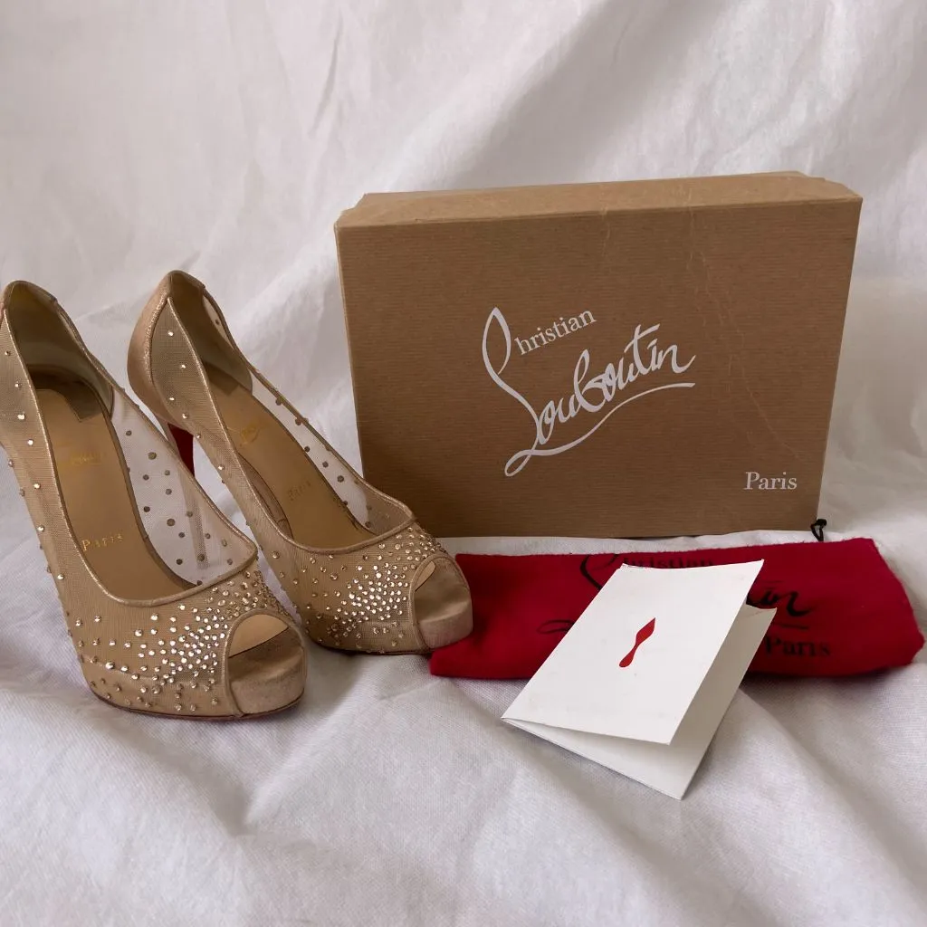 Christian Louboutin Beige Suede and PVC Very Strass Platform Peep Toe Pumps, 41