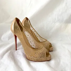 Christian Louboutin Beige Suede and PVC Very Strass Platform Peep Toe Pumps, 41