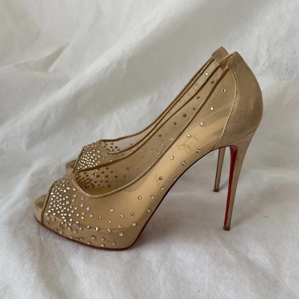 Christian Louboutin Beige Suede and PVC Very Strass Platform Peep Toe Pumps, 41