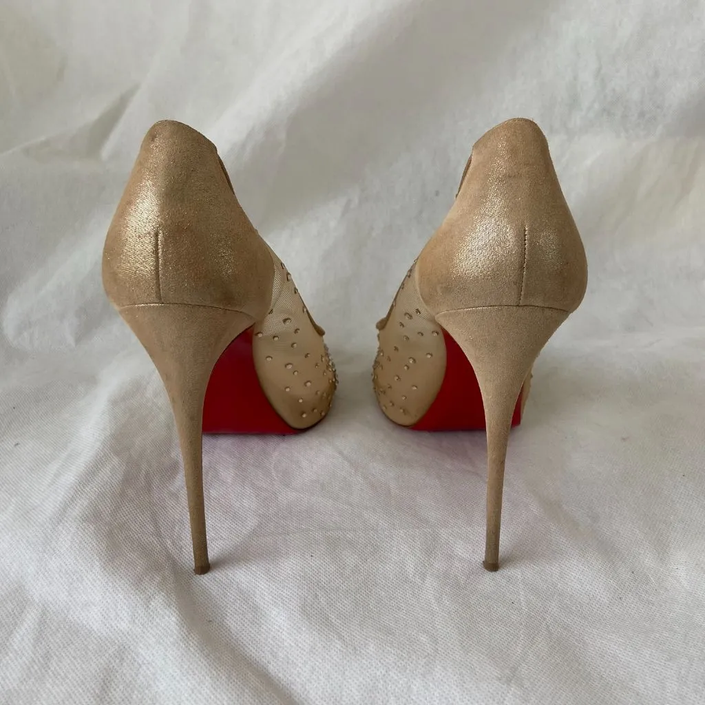 Christian Louboutin Beige Suede and PVC Very Strass Platform Peep Toe Pumps, 41