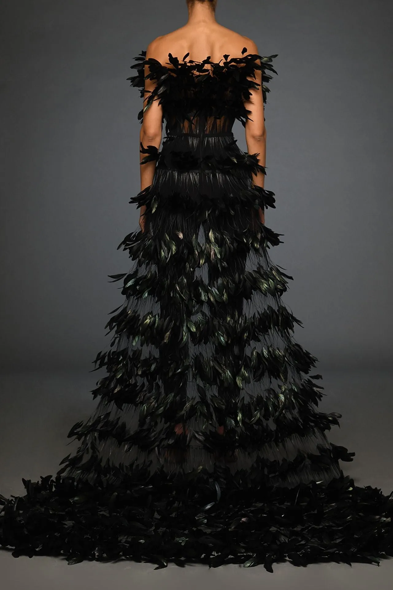 Crepe Pants with Strapless Feathered-Top