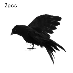 CYNDIE 2pc Black Feathered Crow Extra Large Handmade Realistic Shape Birds For Halloween