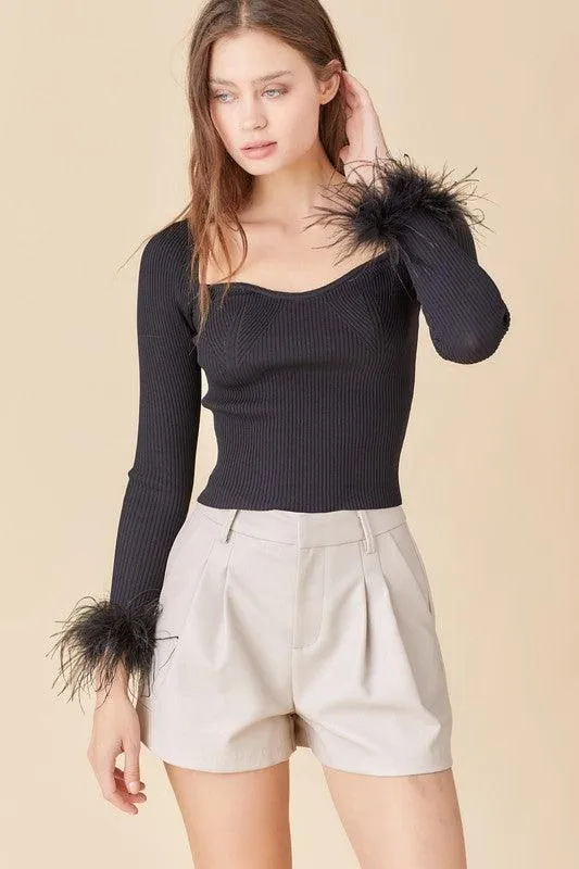 feather cuff ribbed long sleeve top