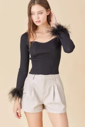 feather cuff ribbed long sleeve top