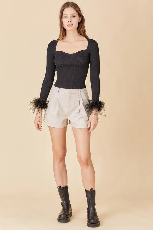feather cuff ribbed long sleeve top