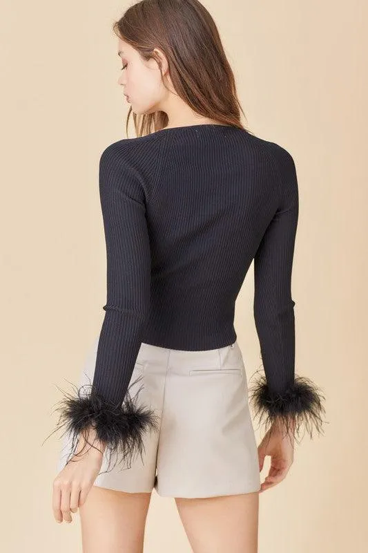 feather cuff ribbed long sleeve top