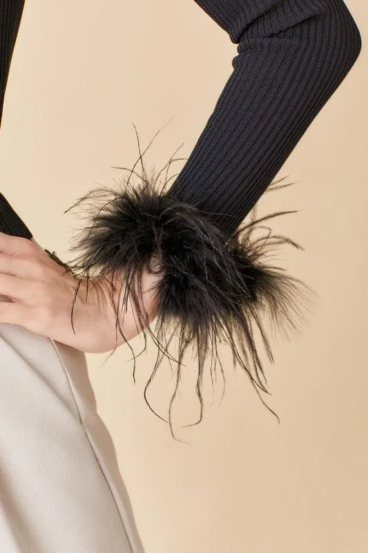 feather cuff ribbed long sleeve top