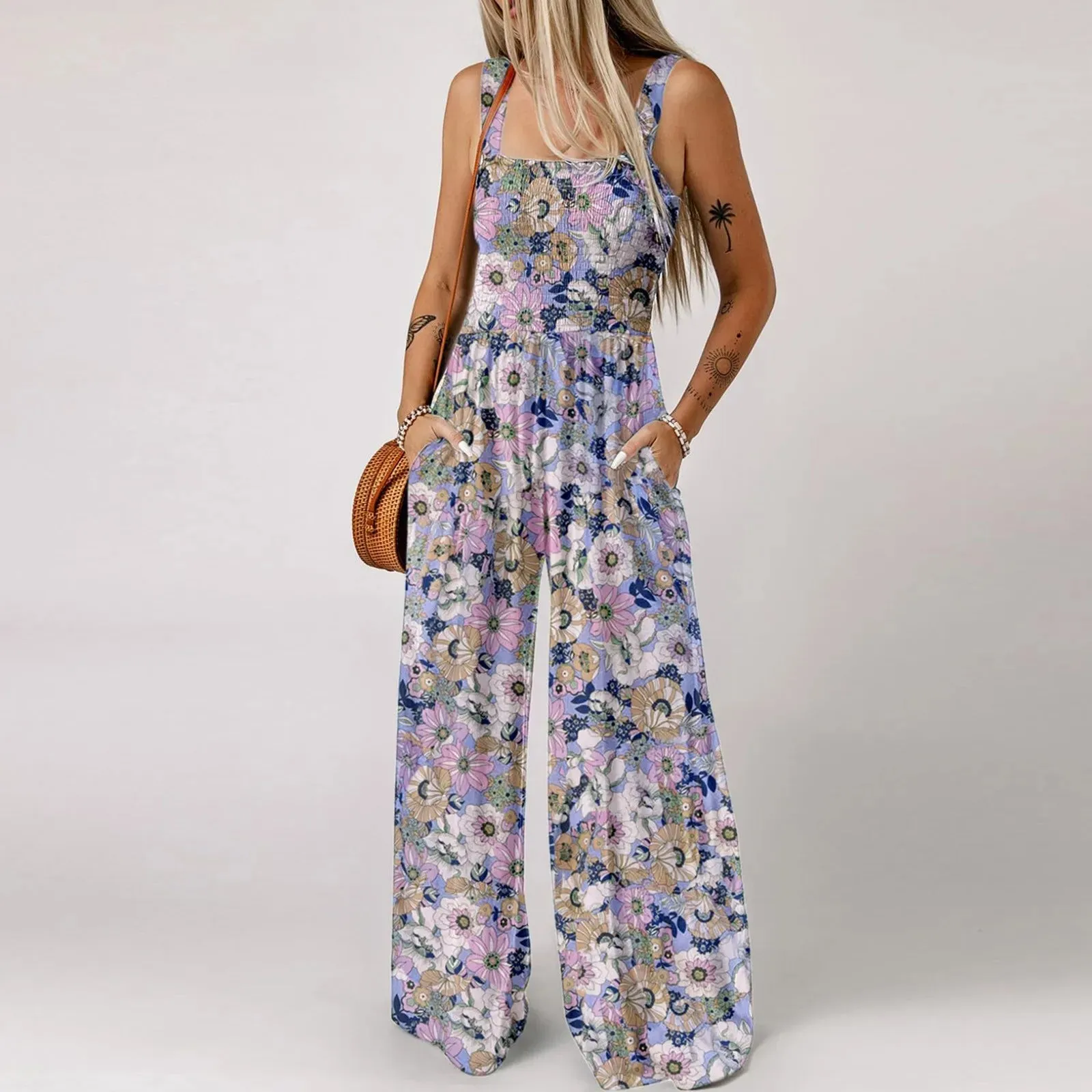 Full Length Sleeveless Boho Wide Leg Rompers