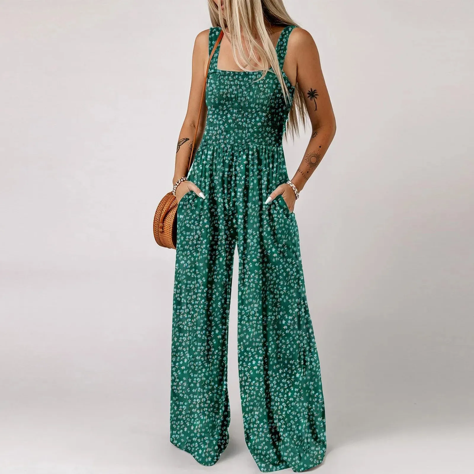 Full Length Sleeveless Boho Wide Leg Rompers