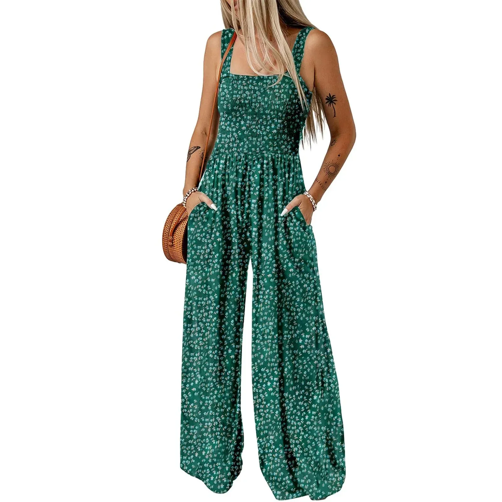 Full Length Sleeveless Boho Wide Leg Rompers