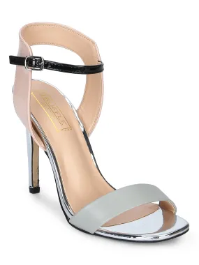 Grey PU Black Ankle Strap Low Heel Stiletto