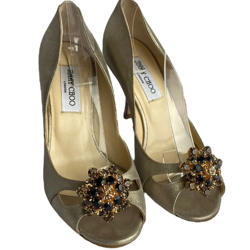 JIMMY CHOO Metallic Gold Leather Flower Shape Crystals D'orsay Pumps, Size 38