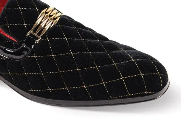 Mens Black Gold Diamond Quilted Velvet Slip-On Dress Shoes After Midnight 7045
