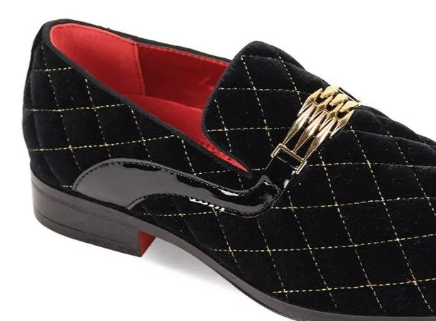 Mens Black Gold Diamond Quilted Velvet Slip-On Dress Shoes After Midnight 7045