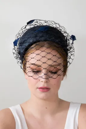 Navy Pillbox with Feathered Veiling