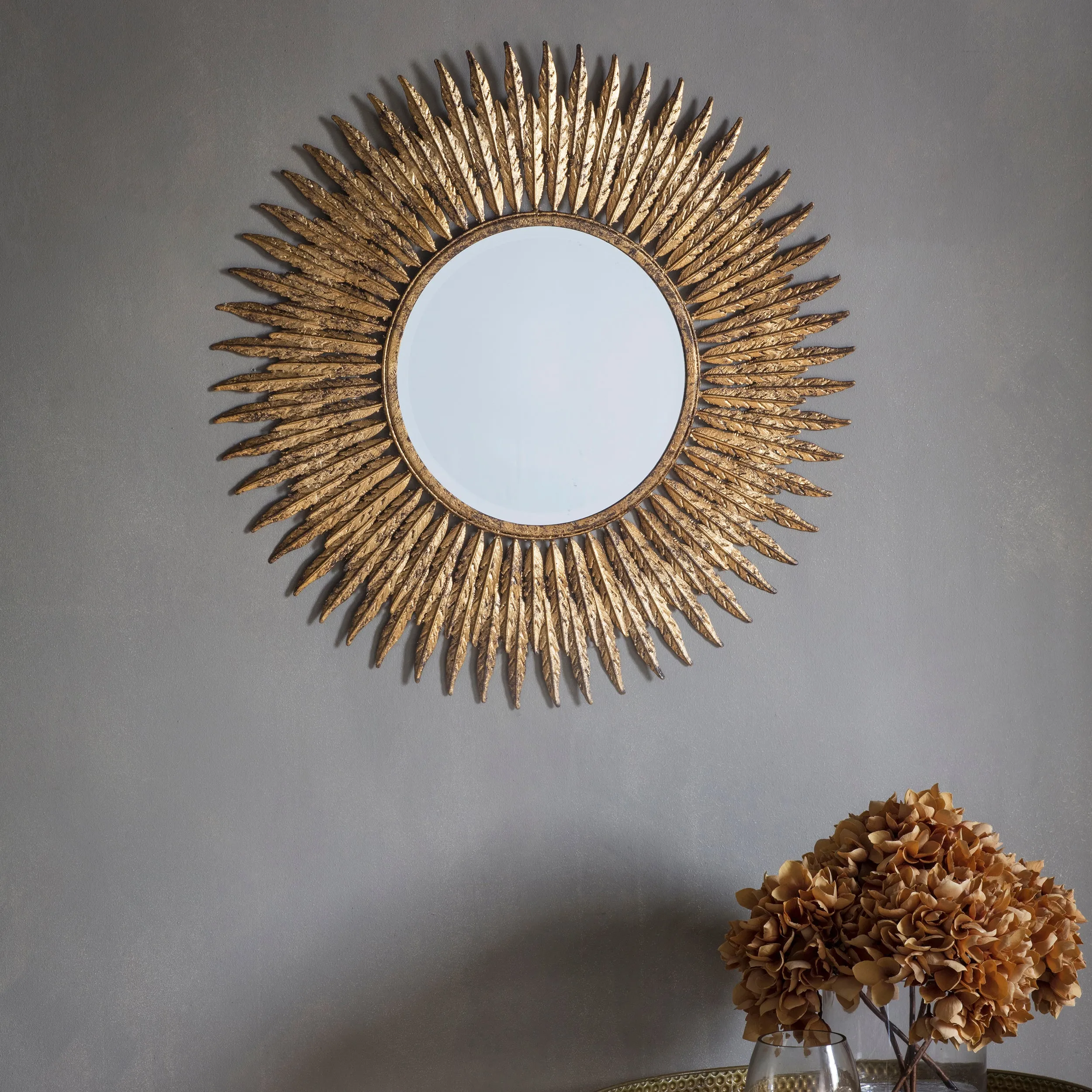 Nelson Lighting NL1409729 Aged Gold Feathered Frame Round Mirror