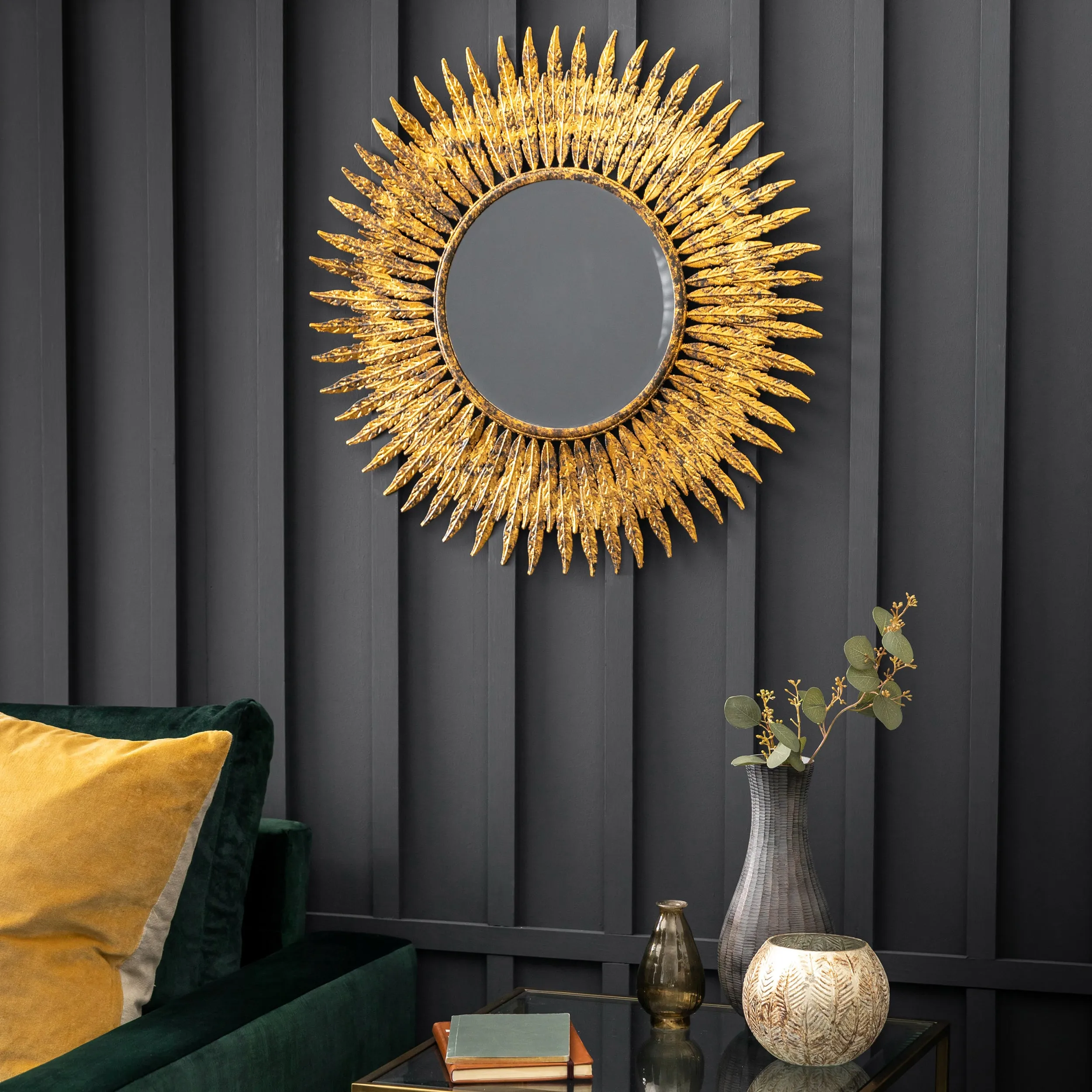 Nelson Lighting NL1409729 Aged Gold Feathered Frame Round Mirror