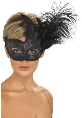 Ornate Colombina Feather Mask, Black