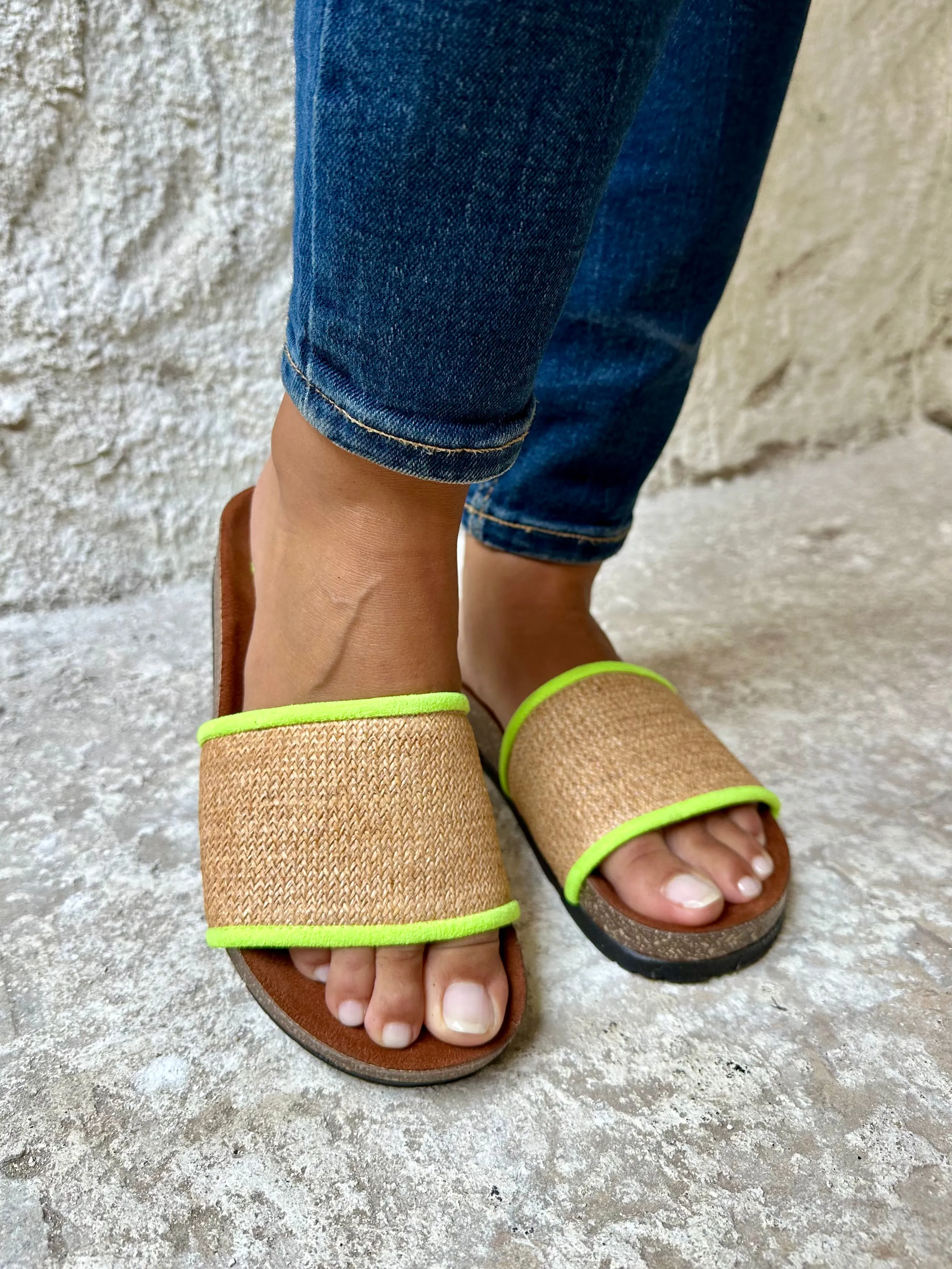 Raffia X Neon Green Slides