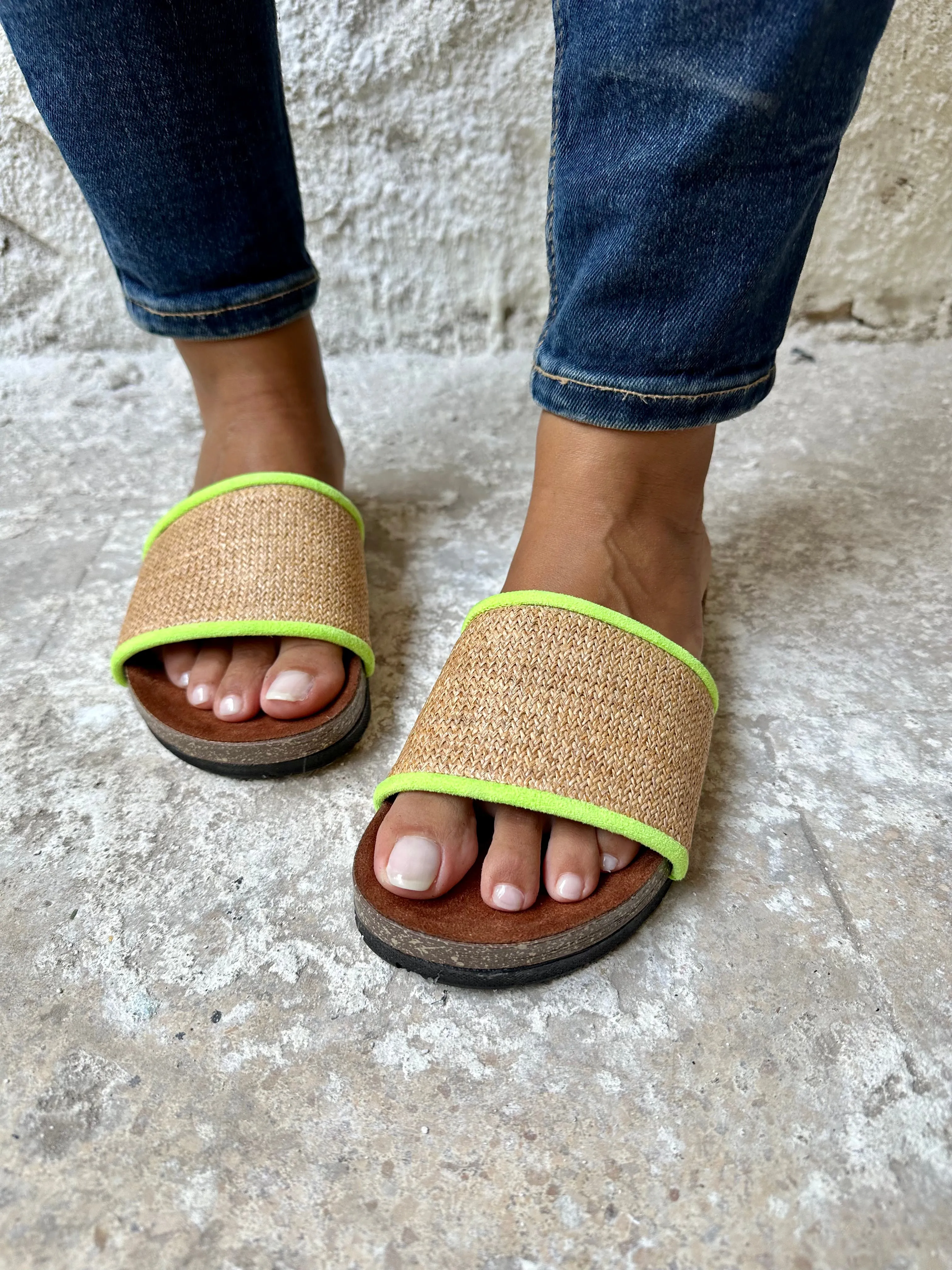 Raffia X Neon Green Slides