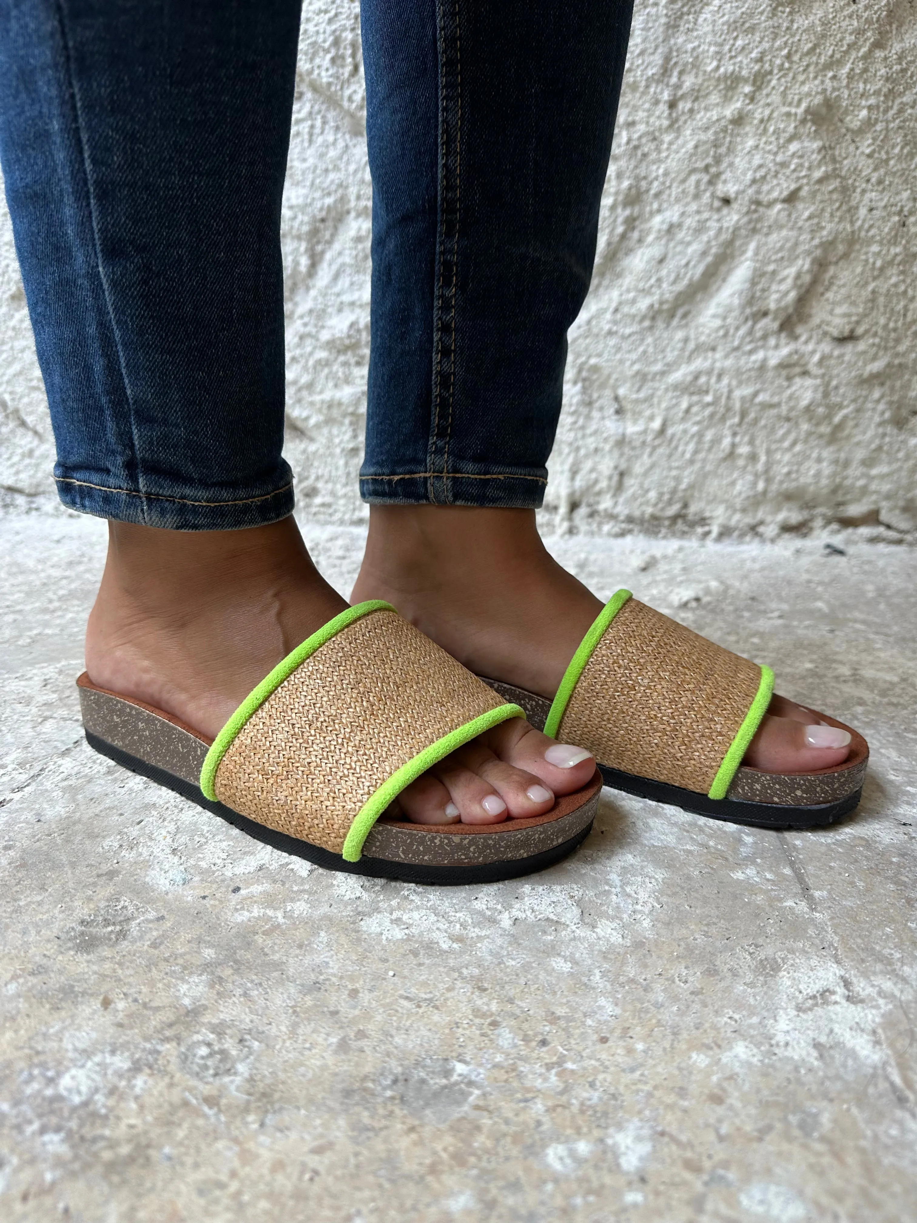 Raffia X Neon Green Slides