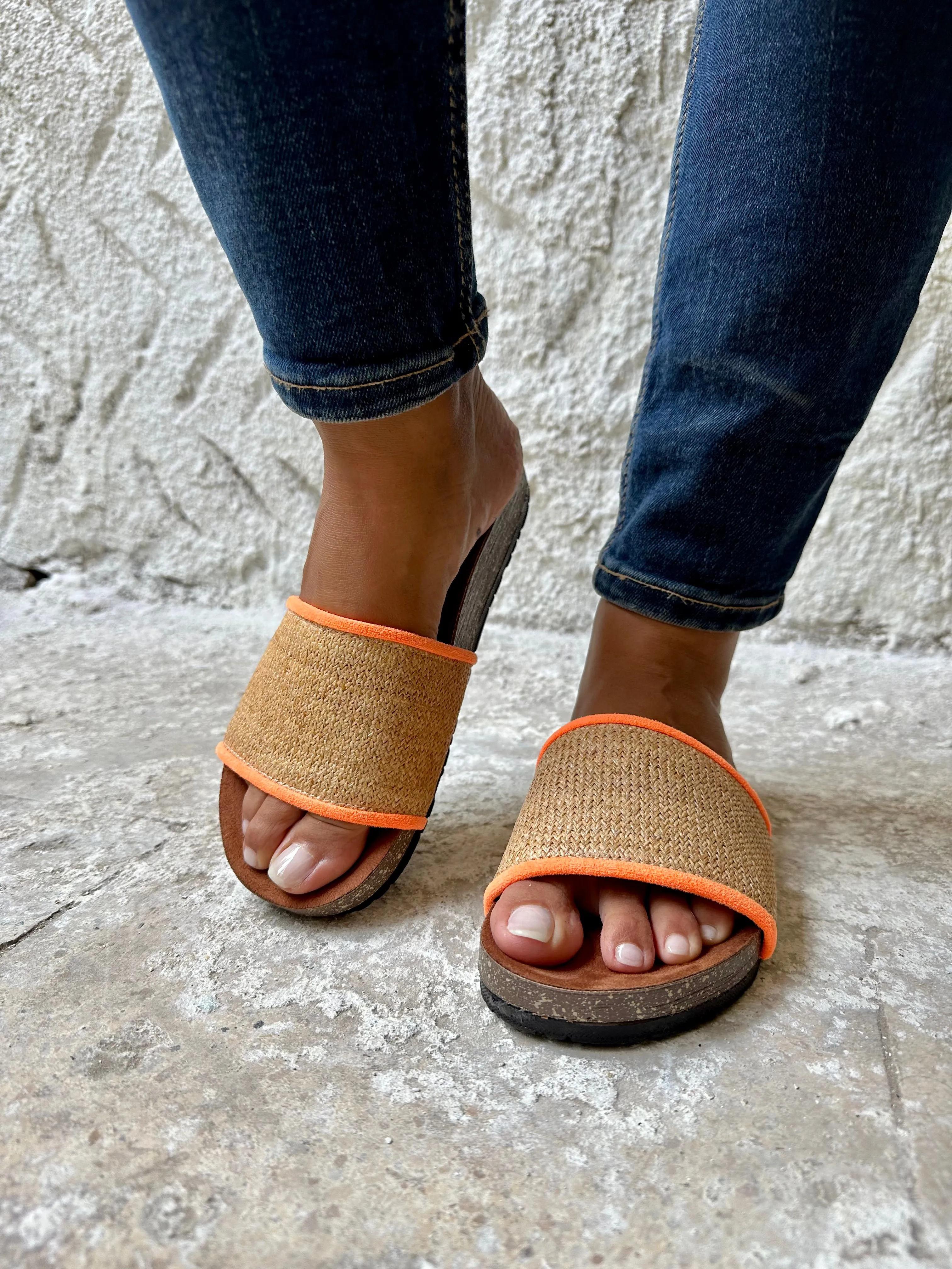 Raffia X Neon Orange Slides