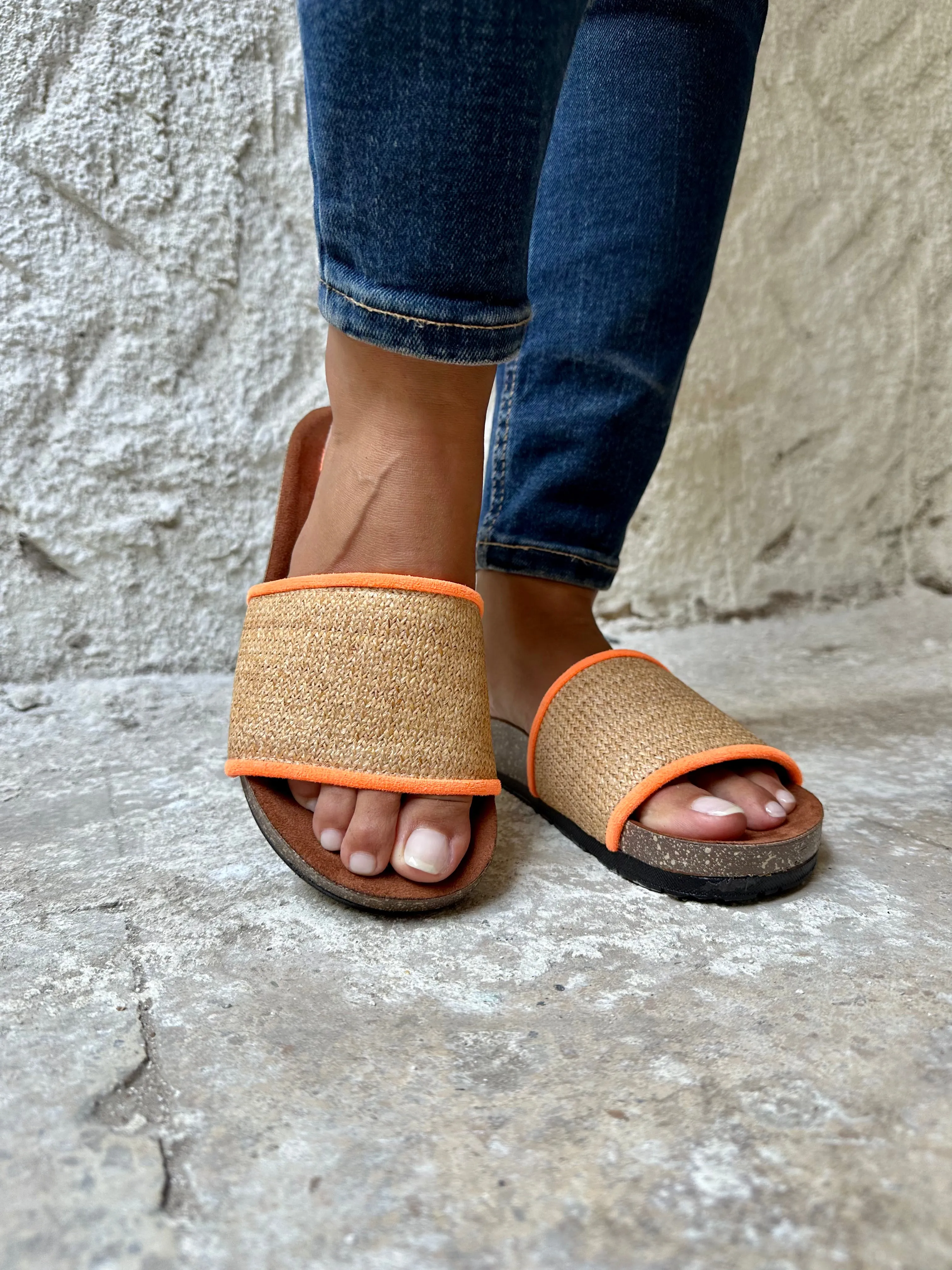 Raffia X Neon Orange Slides