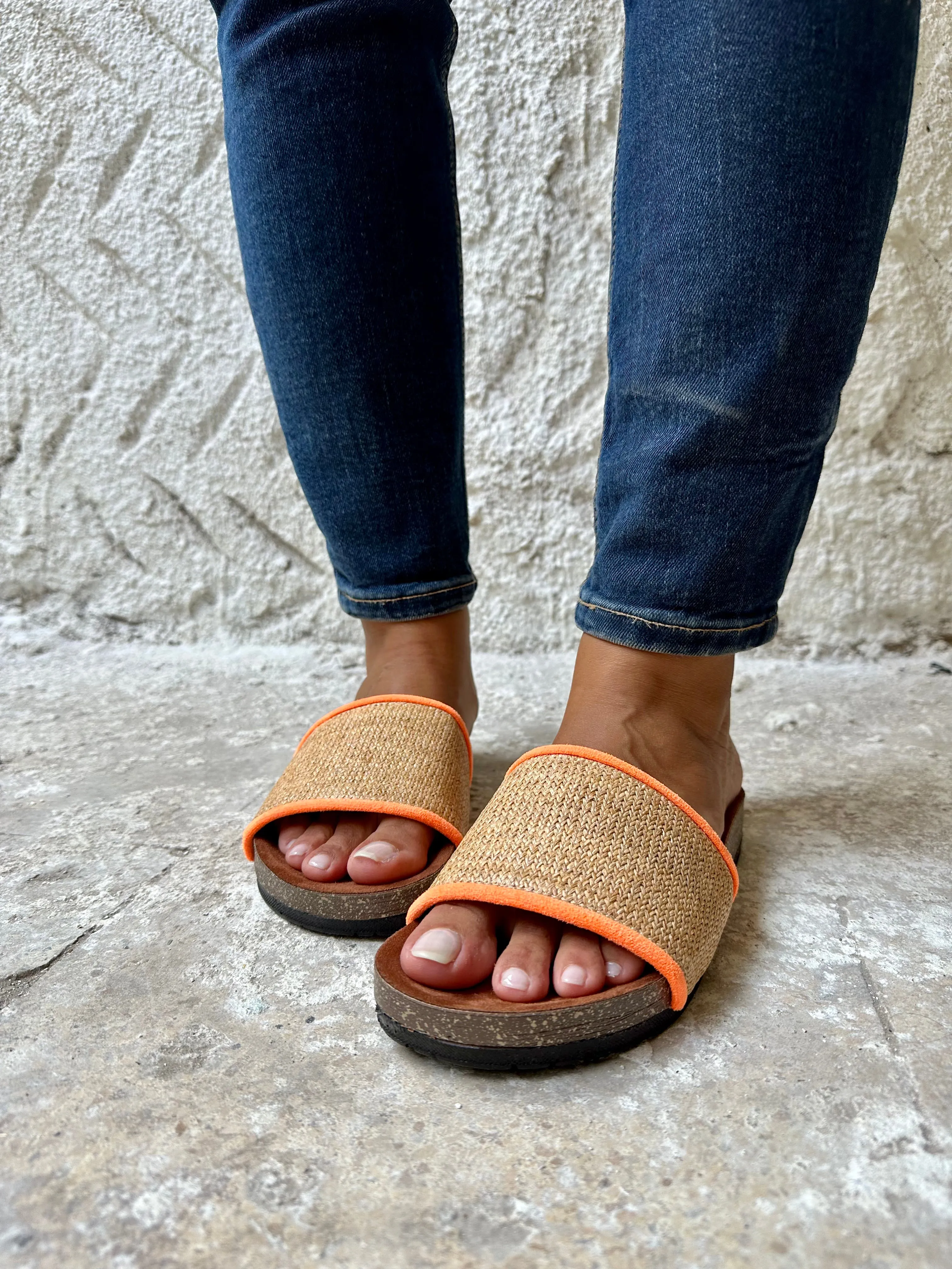 Raffia X Neon Orange Slides