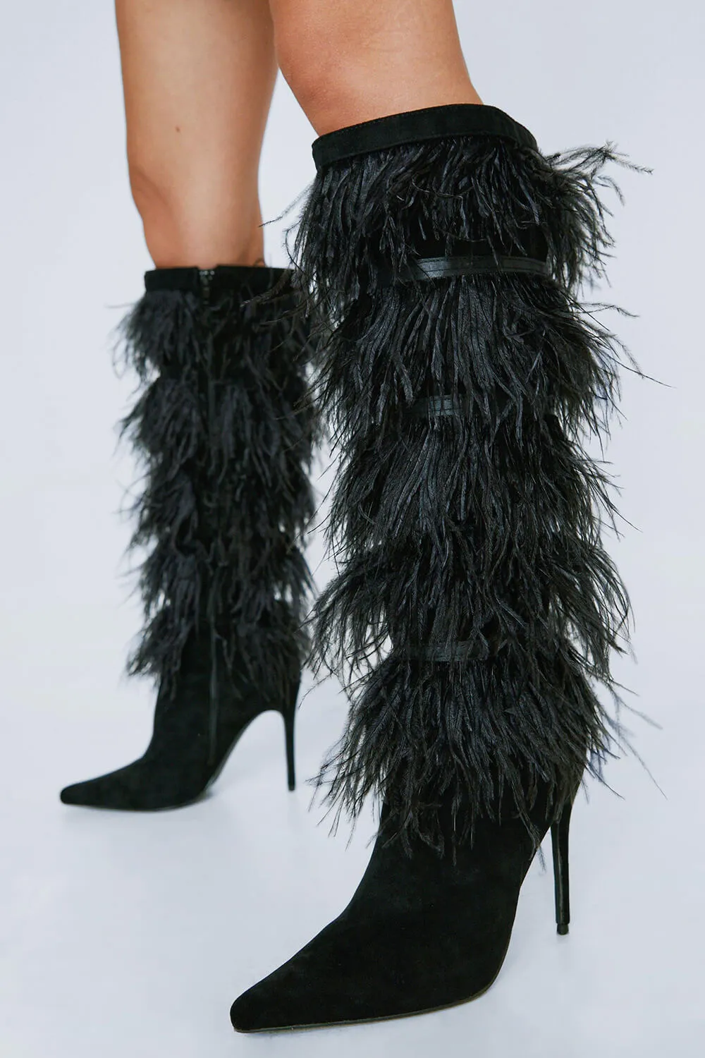 Saint Feather Layered Pointed Toe Knee High Stiletto Boots - Black