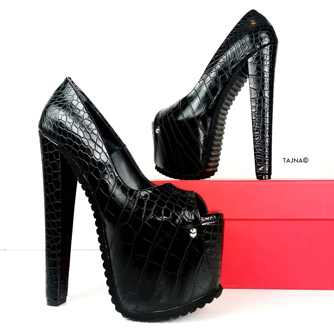 Serrated Sole Black Croco Peep Toe Heels