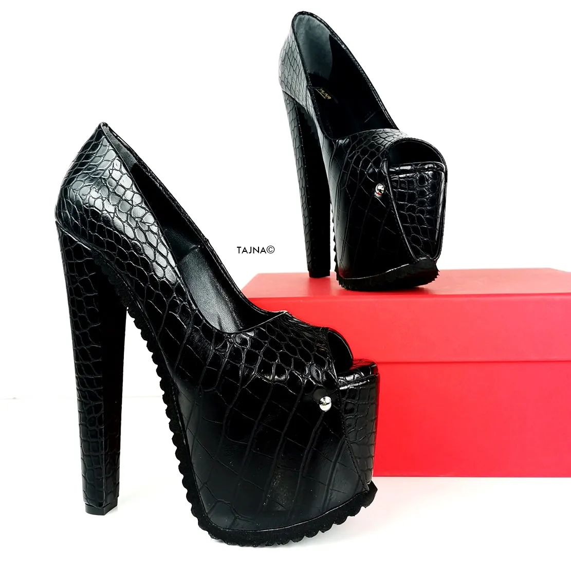Serrated Sole Black Croco Peep Toe Heels