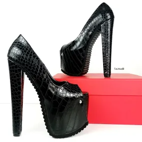 Serrated Sole Black Croco Peep Toe Heels
