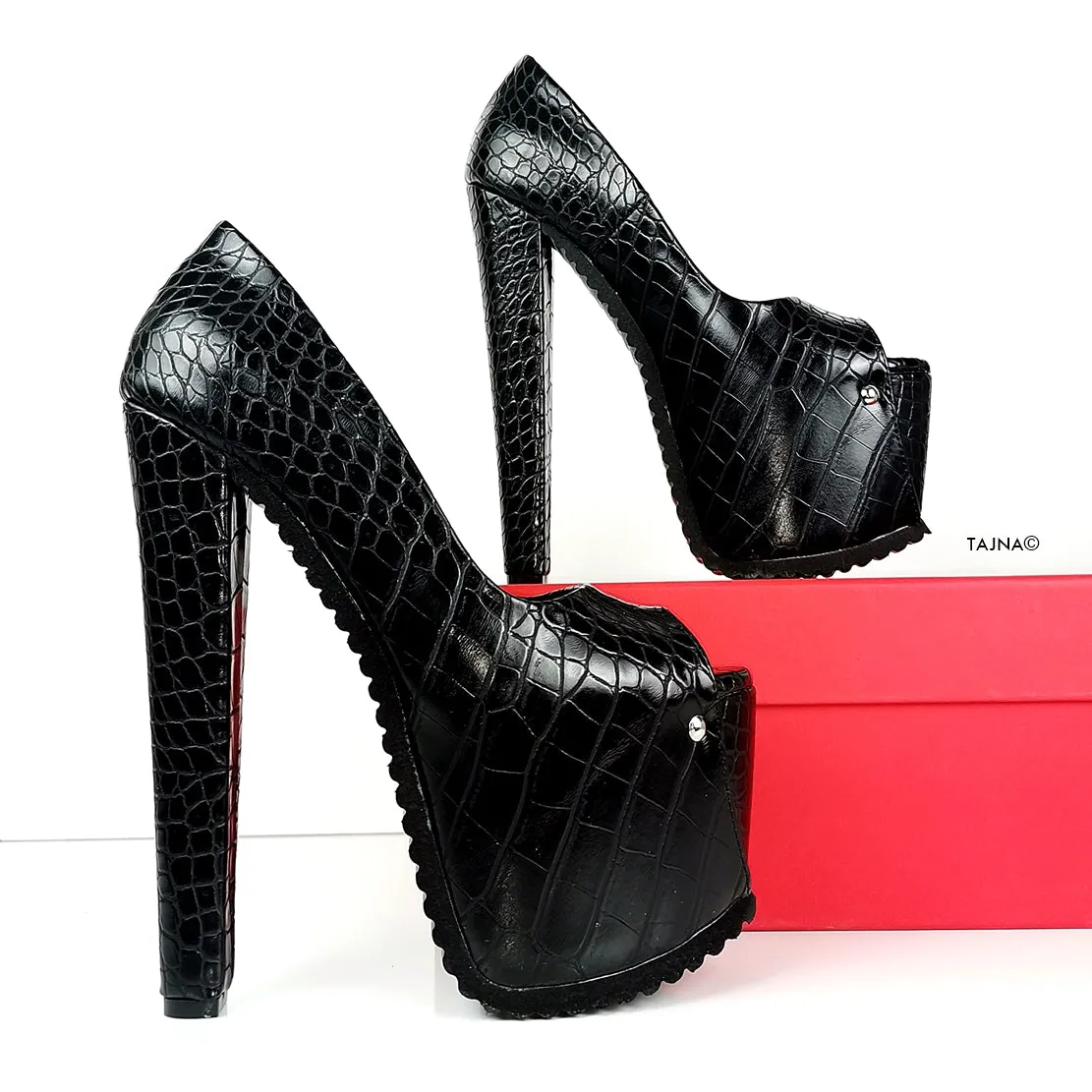 Serrated Sole Black Croco Peep Toe Heels