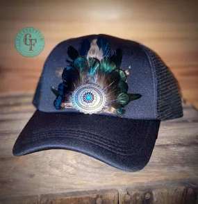 TEAL/BLACK FEATHERED CONCHO TRUCKER CAP